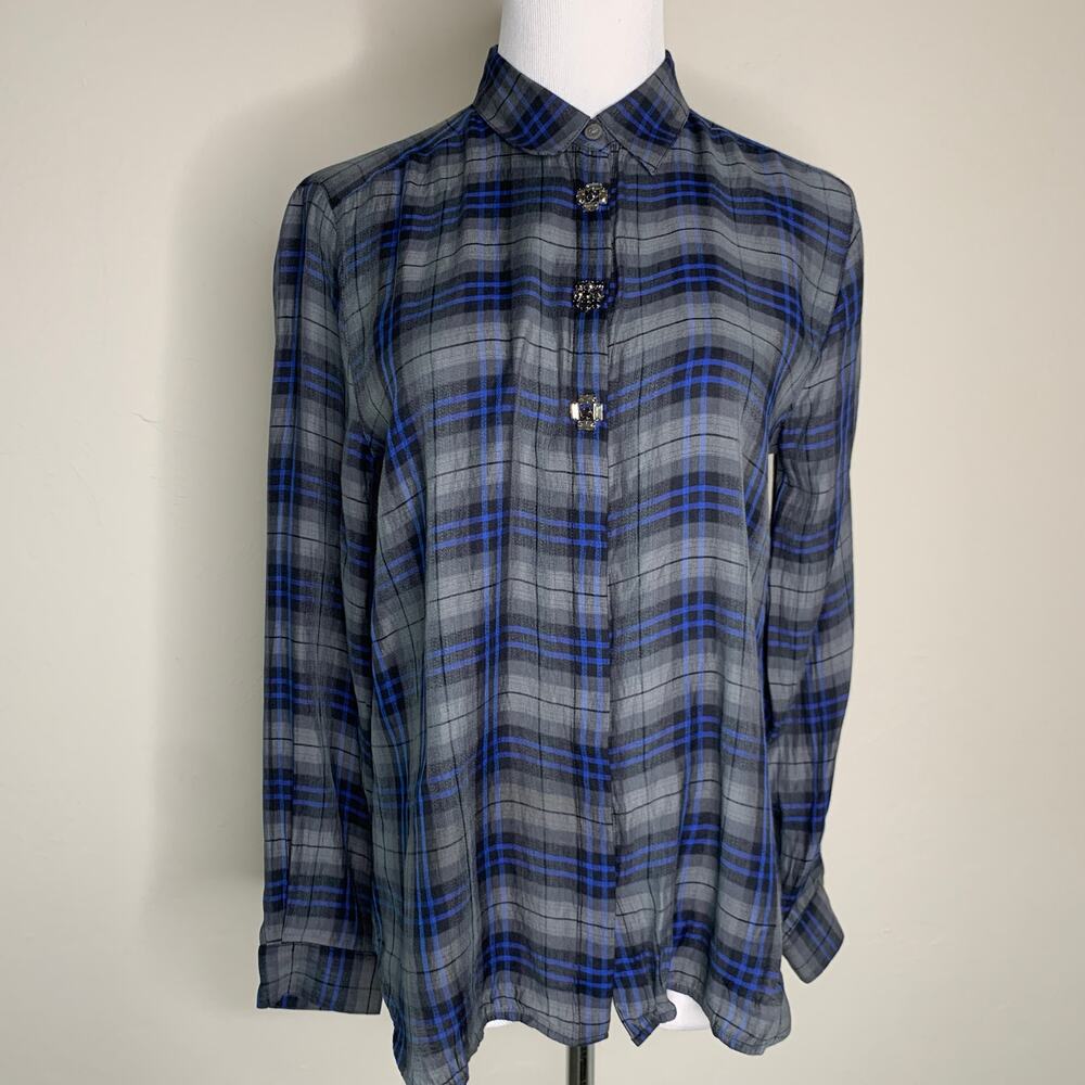 LOFT Blue Plaid Blouse Rhinestone Buttons Medium Petite
